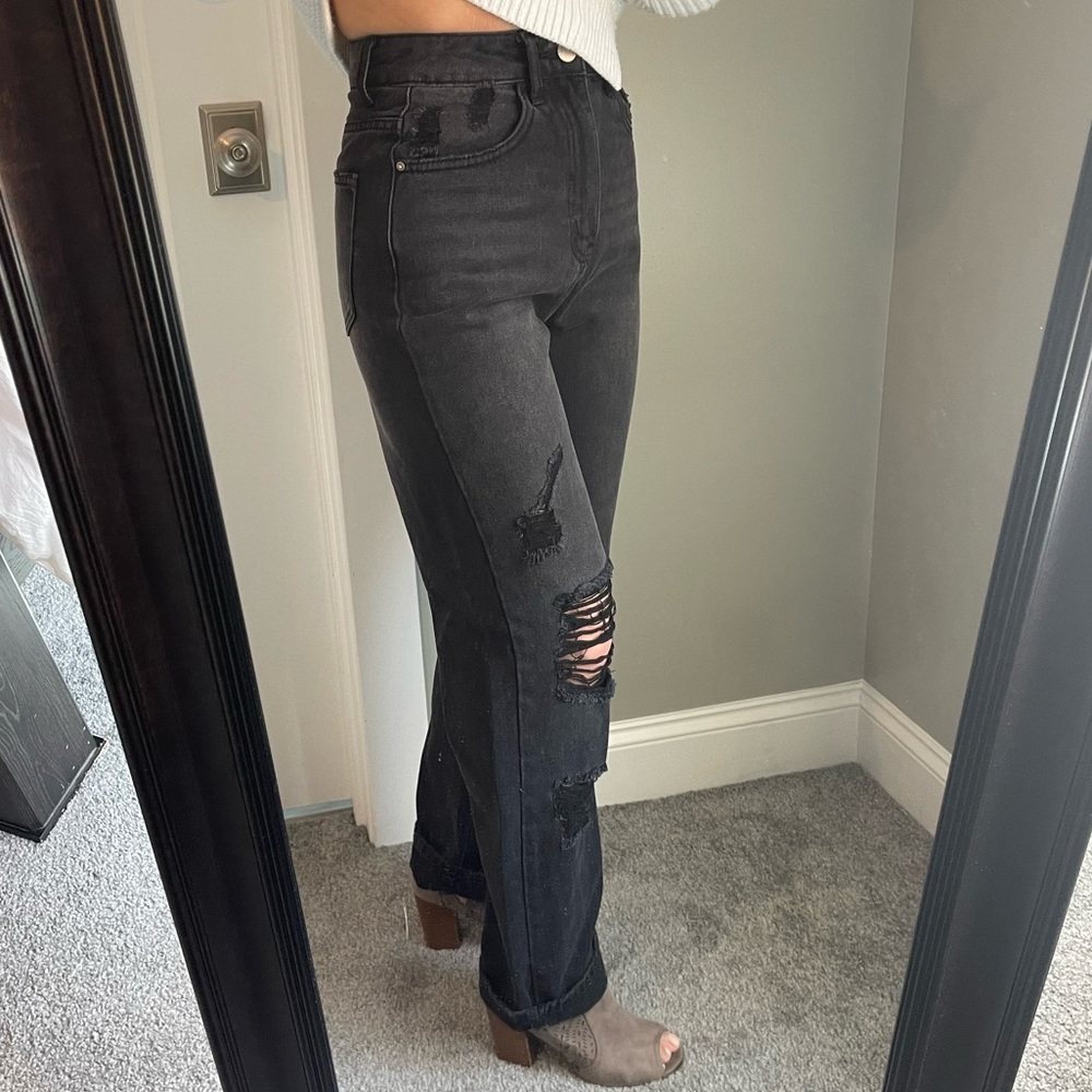 Black Ripped Wide Legged Jeans